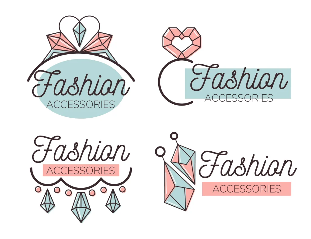 Vintage cursive fashion logos with hearts and floral ornaments in pink and teal