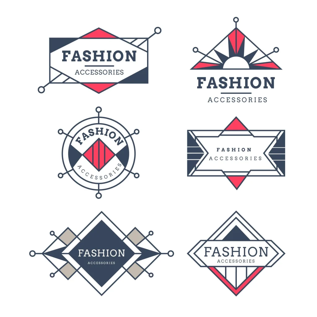 Geometric diamond-shaped fashion logos in navy blue and red