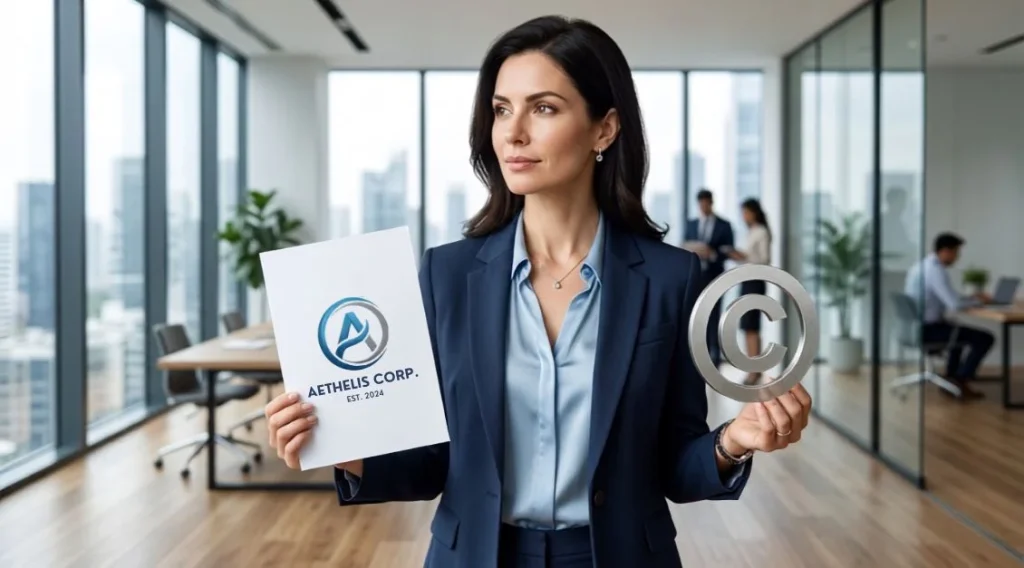 Businesswoman holding logo design