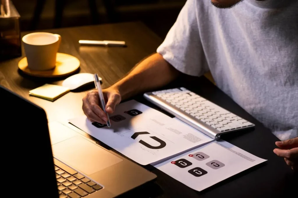 Designer creating logo concepts on computer and tablet
