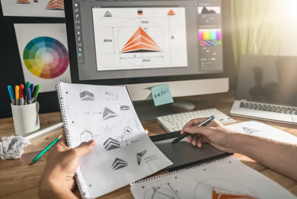 Logo design sketches on computer with digital workspace